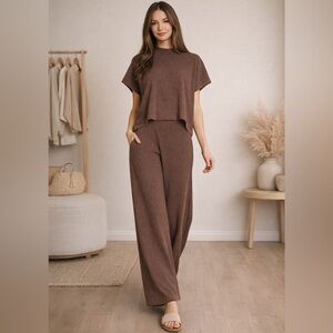 NEW Zenana Brown Viscose Ribbed Matching Set Top & High Rise Pants Size Large